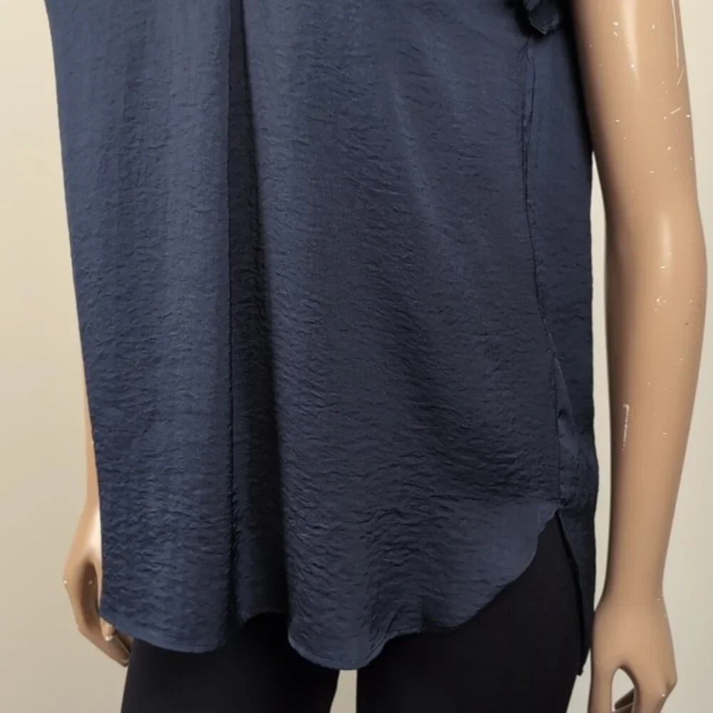 H&M Navy Vneck Top Short Sleeve Blue Satin Pleated Blouse - Picture 3 of 12
